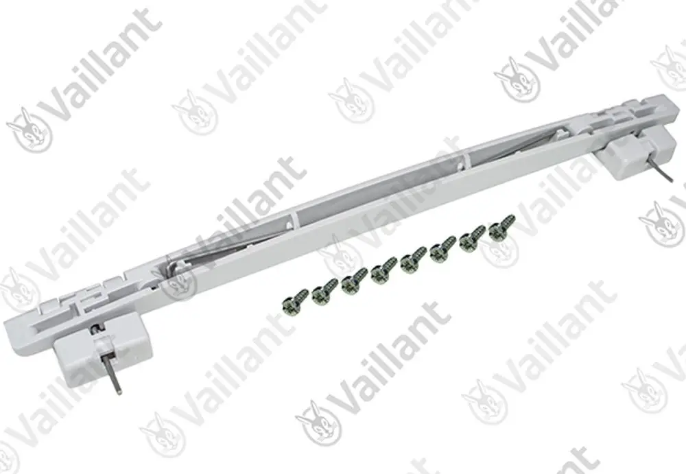 Vaillant Scharnier mit mehreren Schrauben, geeignet für die Montage. Das Produkt hat eine weiße Farbgebung und eine längliche Form.